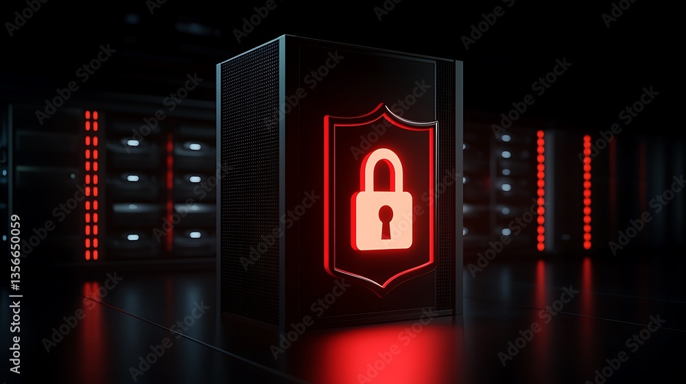 Poster digital security concept with lock symbol on server background, data protection and cybersecurity th