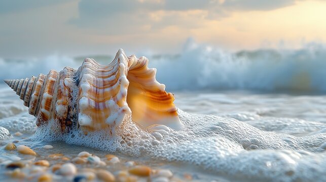 Close-up of a sea wave and a small shell on the beach, with a blurred background, creating a concept with ample copy space