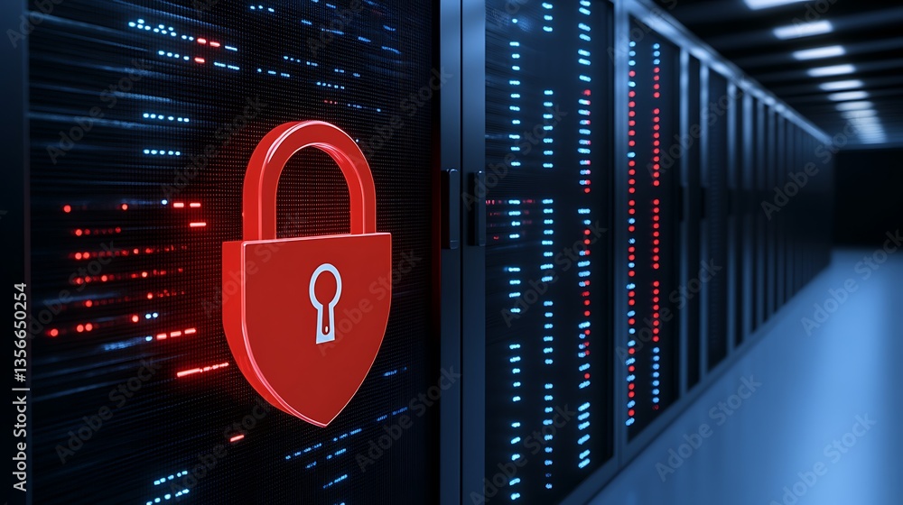 Poster digital security concept with lock symbol over data center background and server racks representing 