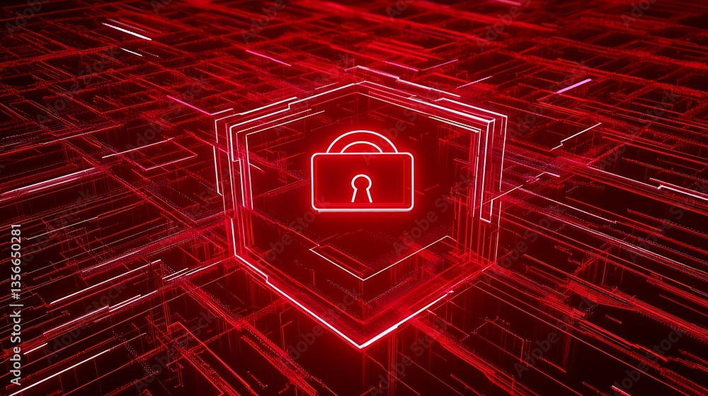 Poster digital security concept with locked padlock symbol in neon red against abstract technology backgrou