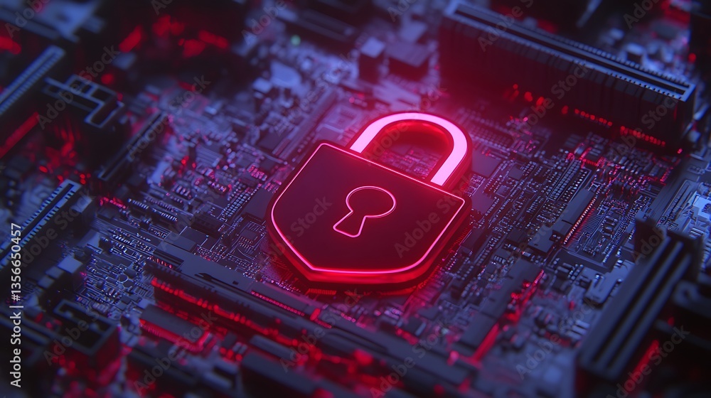 Aufkleber digital security concept with neon lock symbol on circuit board background in futuristic style