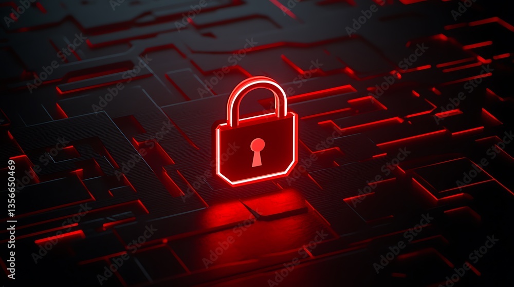 Poster digital security concept with neon lock symbol on dark circuit background for cyber protection theme