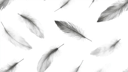Seamless pattern of multiple black and white feathers scattered randomly on a white background. the feathers are of different sizes and shapes, with some being pointed and others being elongated.