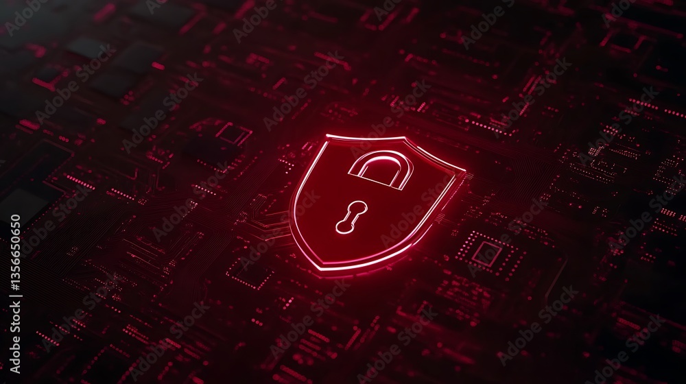 Poster digital security concept with neon shield and circuit background in red color palette for cyber prot
