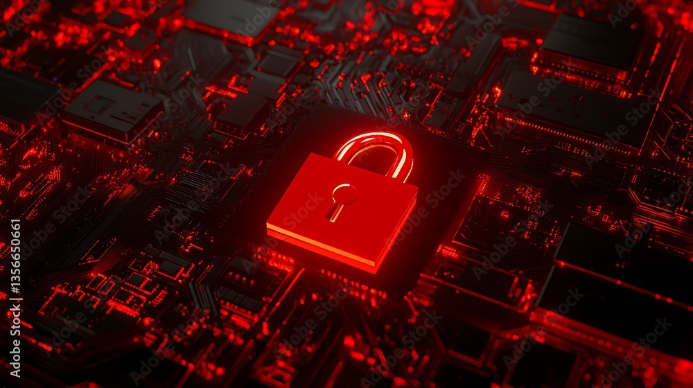 Poster digital security concept with padlock and circuit board glowing in vibrant red light representing cy