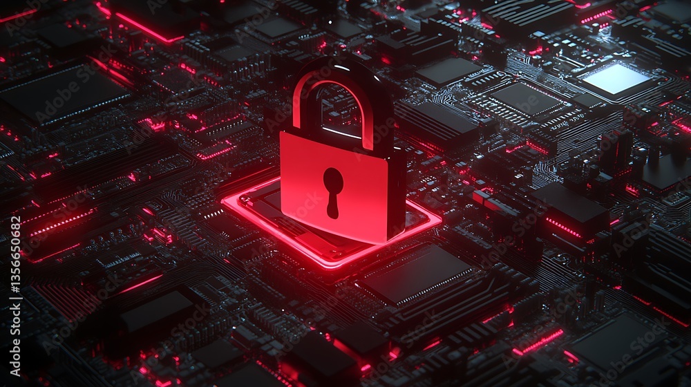 Poster digital security concept with padlock and microchip background in futuristic technology environment