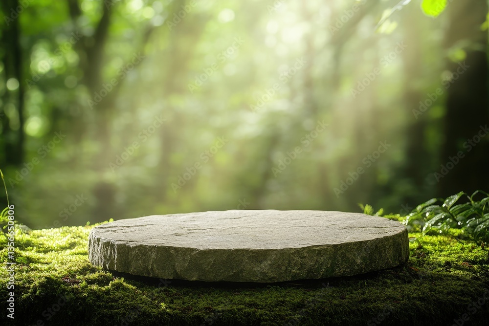 Aufkleber a serene forest scene featuring a circular stone platform surrounded by lush greenery and soft, ethe