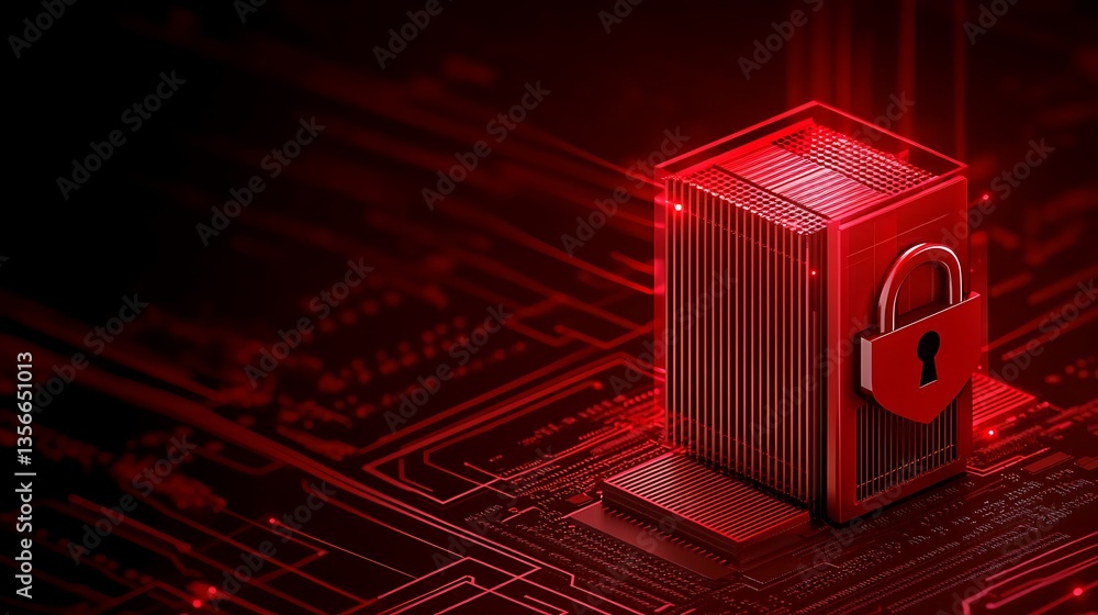 Poster digital security concept with red background and lock symbol representing data protection and cyber 