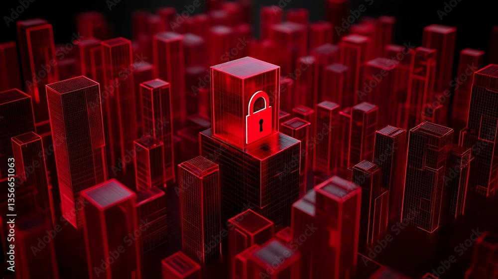 Poster digital security concept with red cityscape and glowing padlock representing data protection and saf