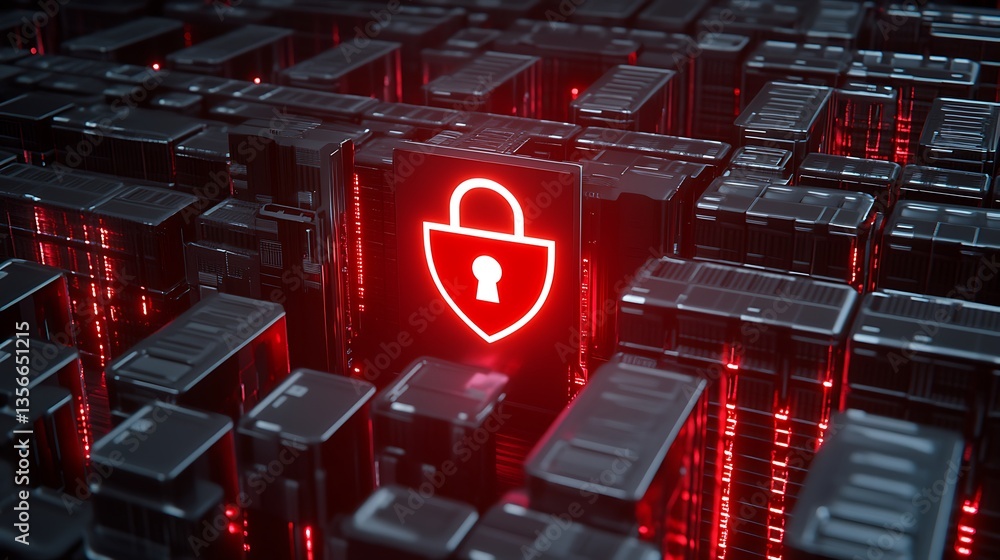 Poster digital security concept with red lock icon in high-tech data environment featuring storage units