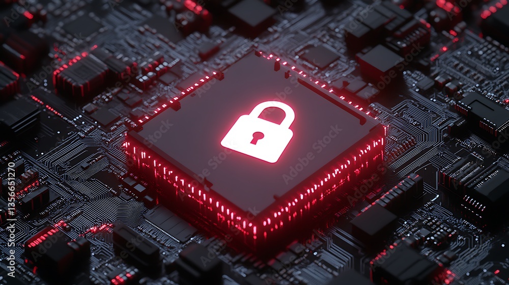Poster digital security concept with red lock icon on circuit board background for technology and cybersecu