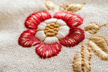 Close-up of intricate hand embroidery showcasing a red and gold flower on white fabric.