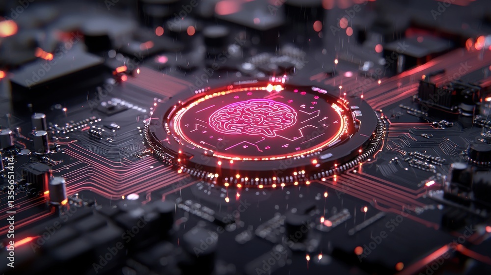 Poster glowing futuristic intelligence circuit board concept with energetic digital patterns and flowing co