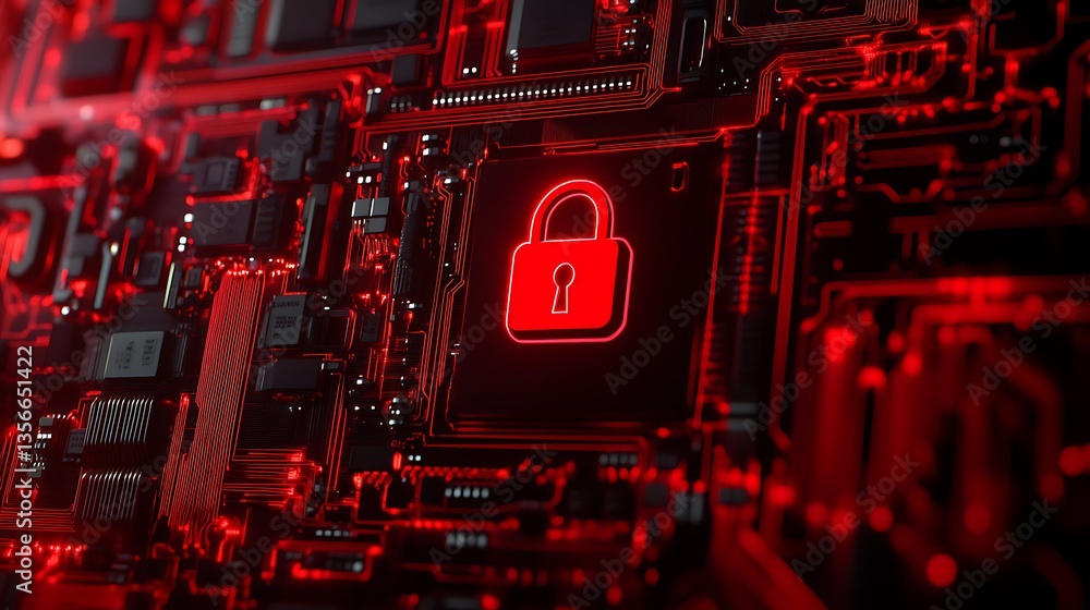 Poster digital security concept with red lock symbol on circuit board design for cybersecurity theme visual