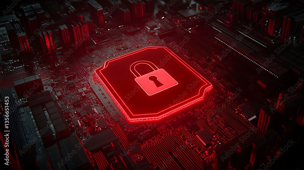 Poster digital security concept with red lock symbol on microchip and dark circuit board background for cyb