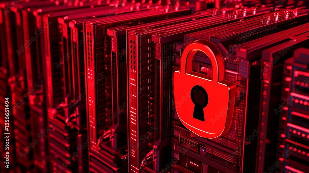 Poster digital security concept with red lock symbol on server rack in cybersecurity environment