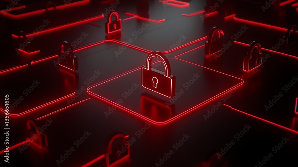 Poster digital security concept with red neon lock symbols on a dark background representing cyber protecti