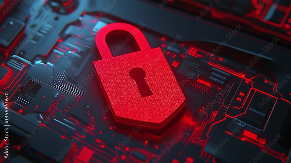 Poster digital security concept with red padlock on circuit board background representing cybersecurity pro