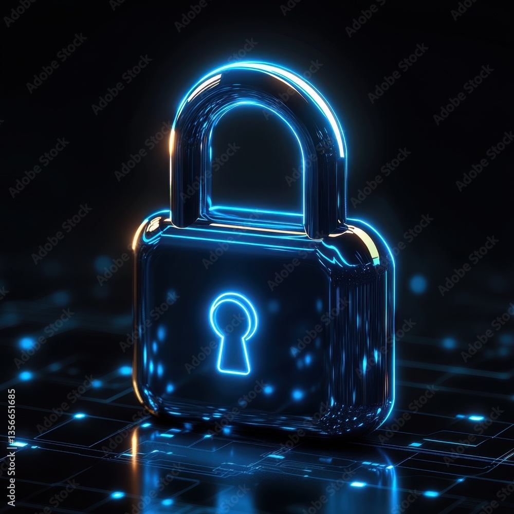 Poster glowing neon padlock on dark circuit board background representing cyber security and data protectio