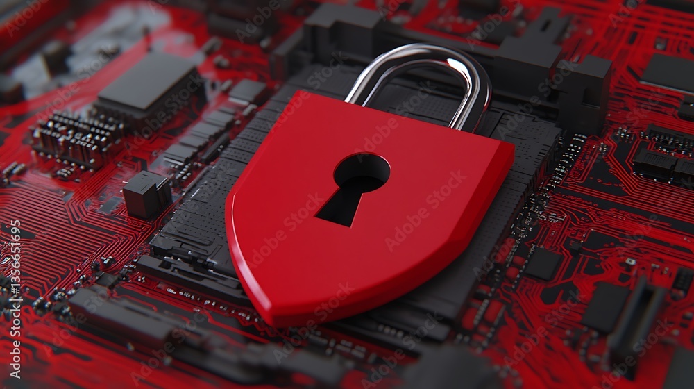Poster digital security concept with red padlock on circuit board background representing data protection a