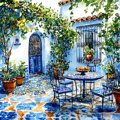 Mediterranean Patio Scene A Watercolor Painting of a Blue and White Courtyard with Patio Furniture.