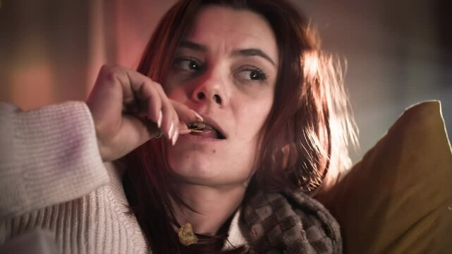 Beautiful woman in apathy and indifference with tousled red hair indifferently eats potato chips, watches and switches TV channels