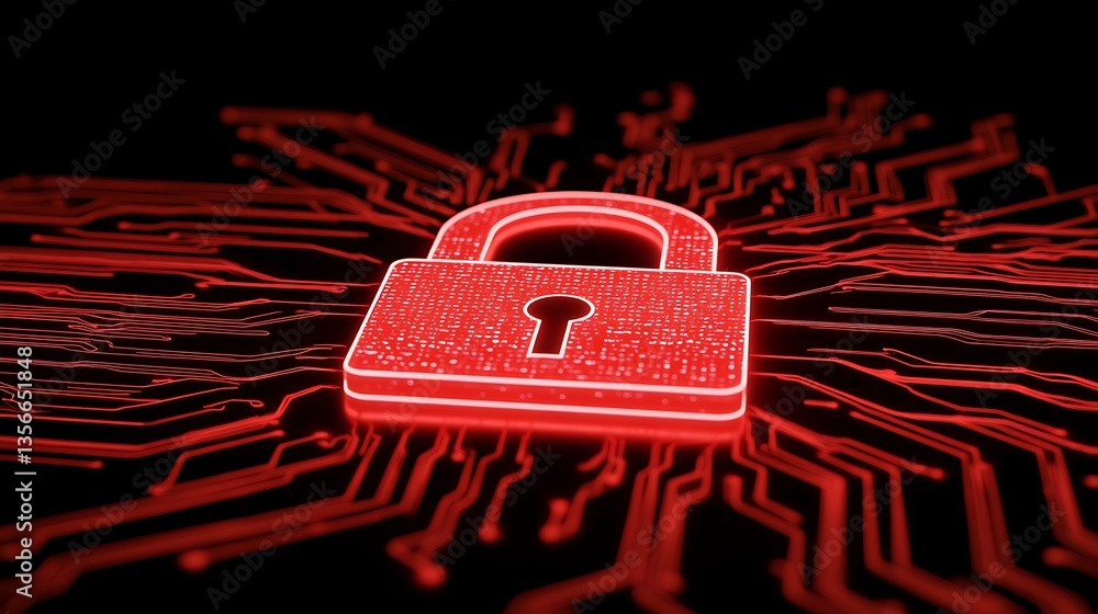 Poster digital security concept with red padlock surrounded by circuit board patterns and data streams in d