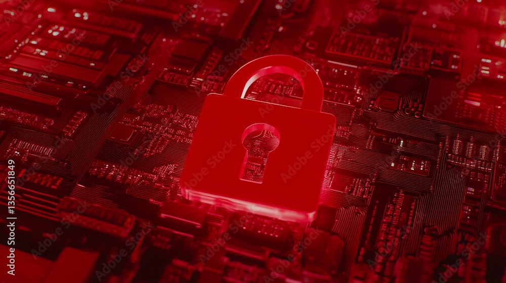 Poster digital security concept with red padlock over circuit board background representing data protection