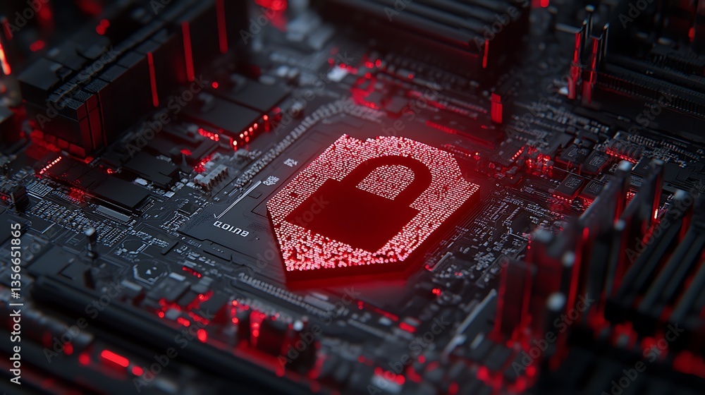 Poster digital security concept with red padlock symbol on circuit board background for technology and cybe