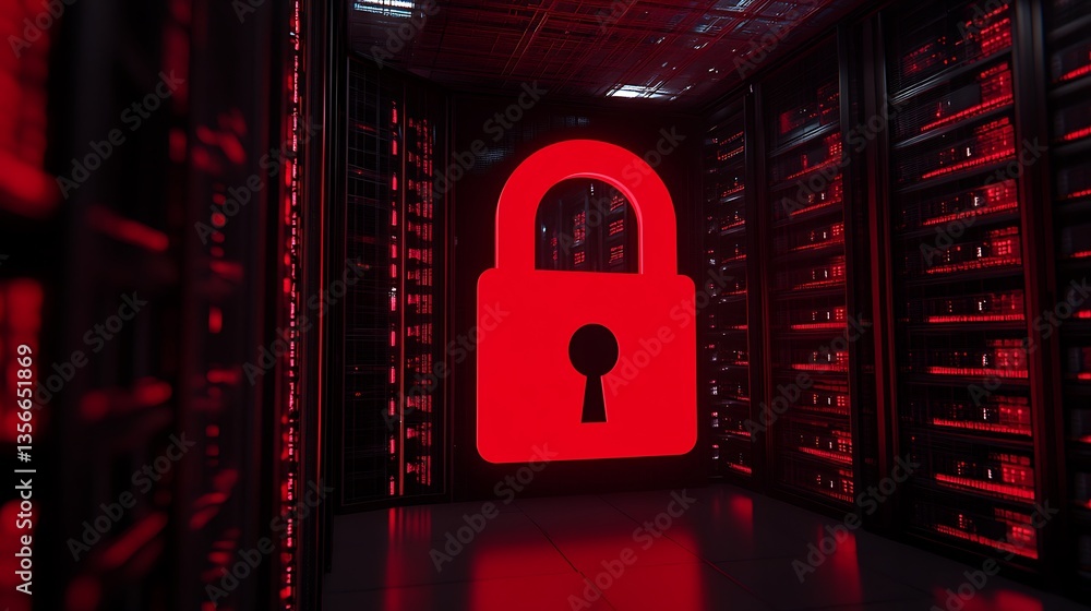 Aufkleber digital security concept with red padlock symbol in high-tech data center enviroment