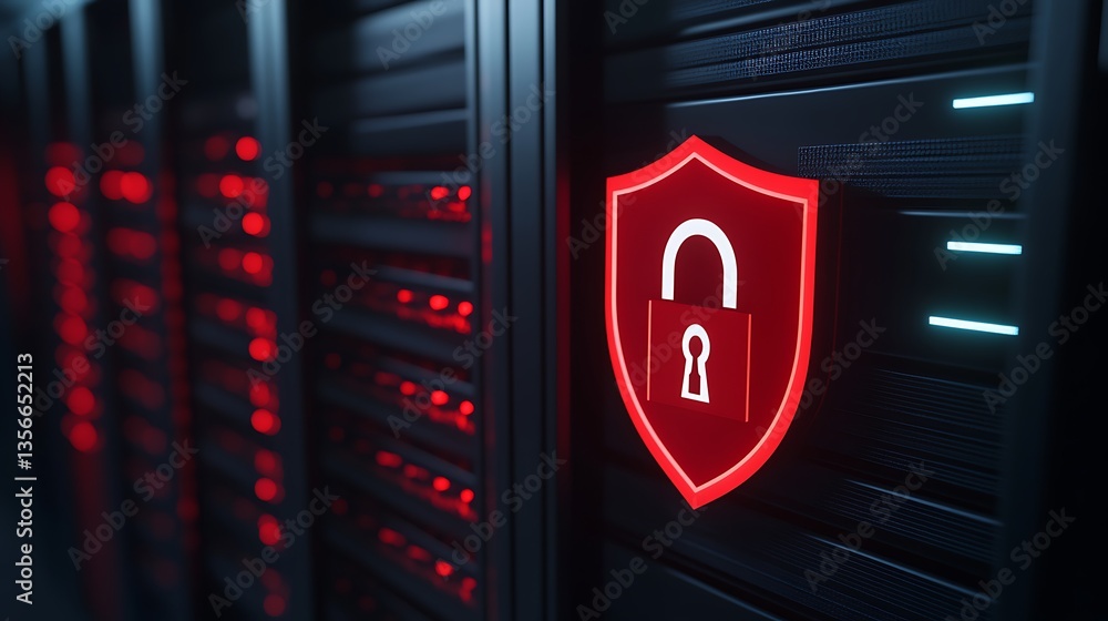 Poster digital security concept with server room and locking shield symbol in red light for cybersecurity t