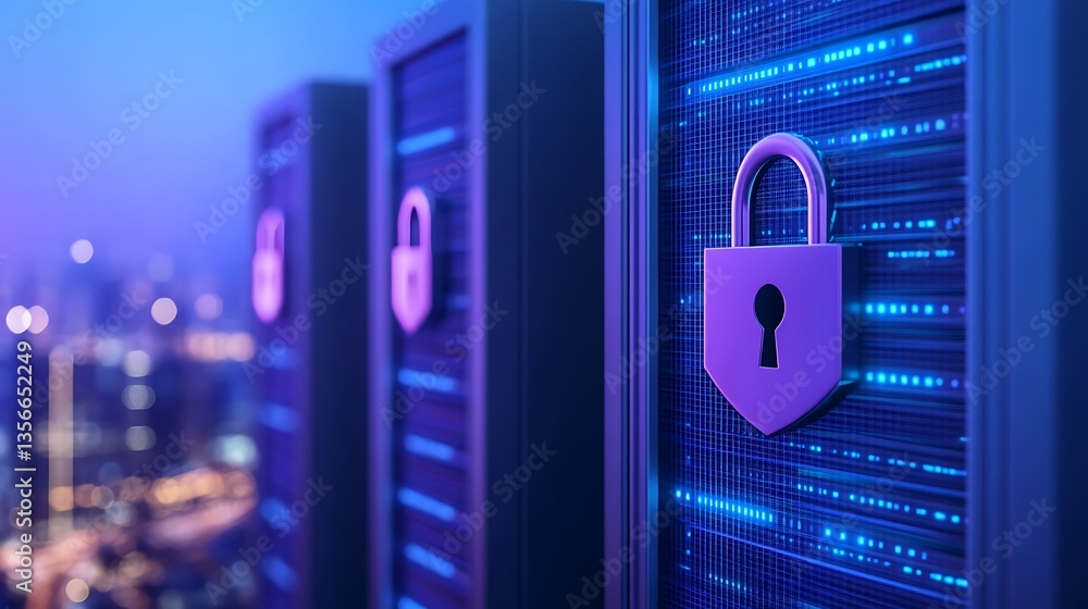 Poster digital security concept with server room lights and locks in modern technology environment