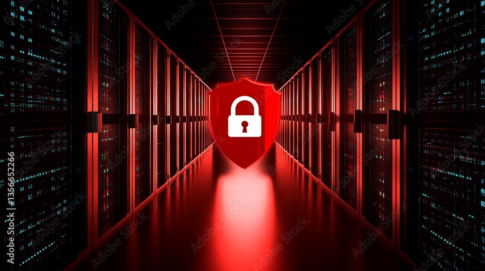 Poster digital security concept with shield and lock in a futuristic data center environment