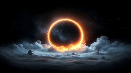 Obraz premium Fiery Ring Above Clouds and Mountains at Night