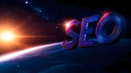 A stylized representation of the word SEO set against a space backdrop with a sunrise and Earth visible below. Concept Stylized SEO Text, Space Background, Sunrise Visual, Earth Below