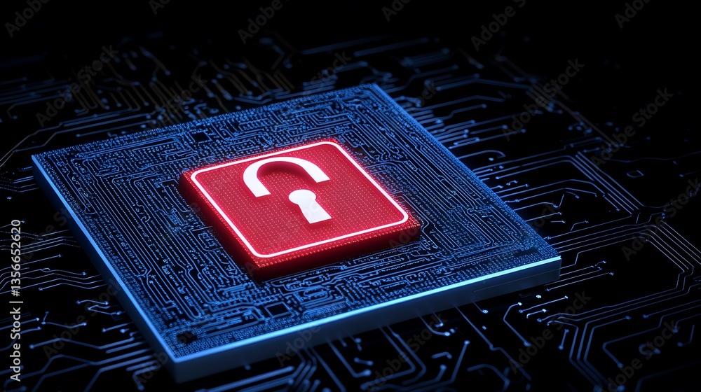 Poster digital security concept with unlocked padlock symbol on circuit board background in blue and red co