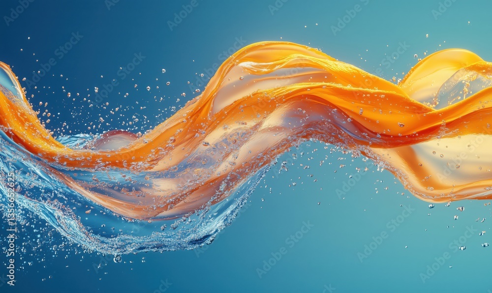Poster dynamic flow of colorful water waves with splashes and bubbles