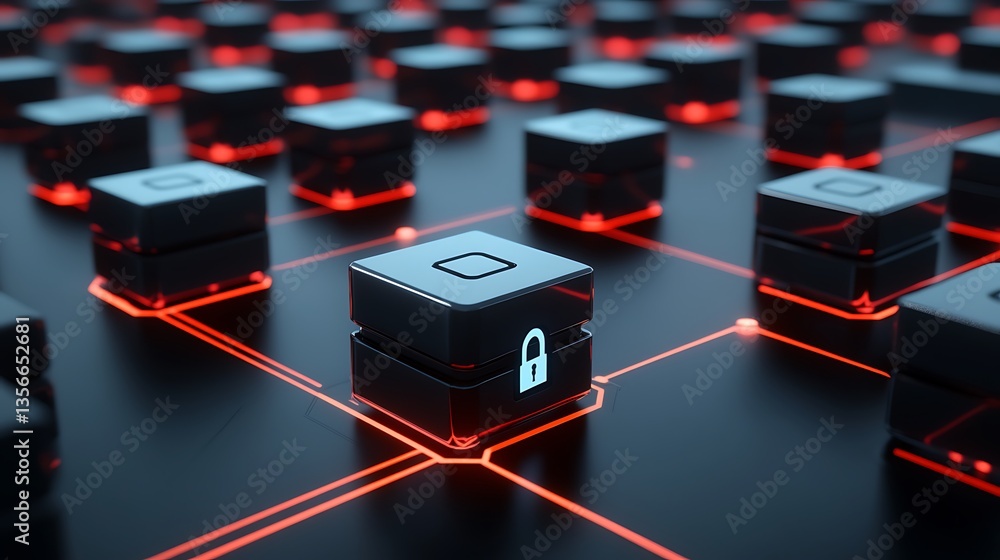 Poster digital security concepts with network nodes highlighted by red lights and a lock icon on a keyboard