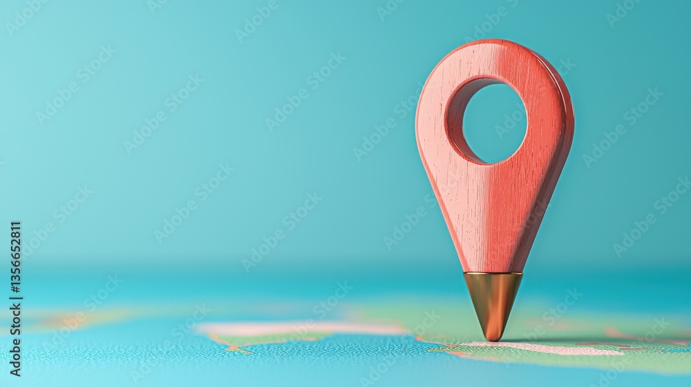 Poster a simple red navigation pin or pointer icon against a vibrant turquoise background representing loca