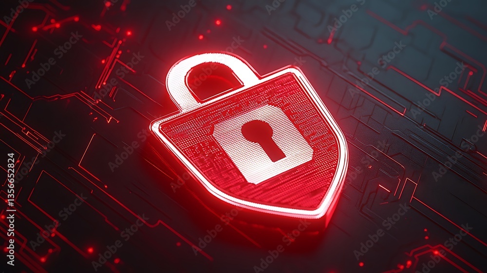 Poster digital security icon with lock symbol in red glow on abstract technology background for cyber prote