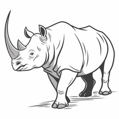 Obraz premium Majestic Rhino: A striking monochrome illustration of a rhinoceros, showcasing its impressive horn and powerful physique, embodying the strength and resilience of nature's giants.