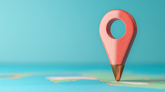 A simple red navigation pin or pointer icon against a vibrant turquoise background representing location direction and travel technology