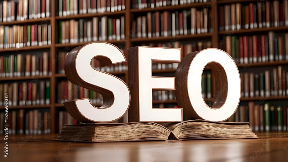 Poster the image features the letters seo on an open book in a library setting, emphasizing the concept of 