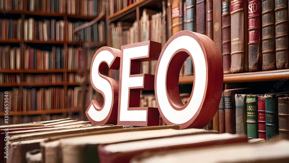 Poster the image features large letters spelling seo in a library filled with old books, highlighting the i