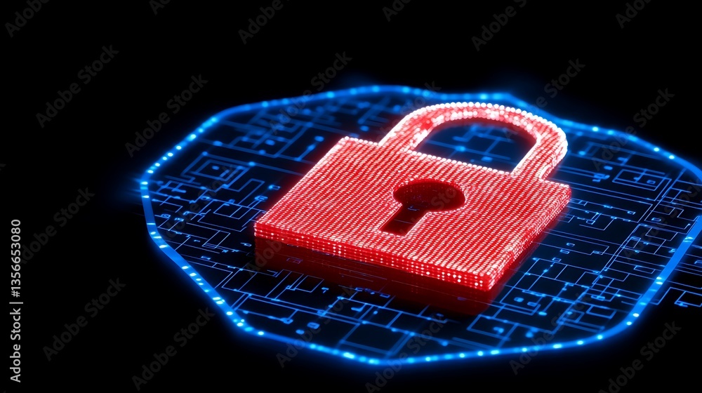 Poster digital security lock on circuit board with glowing elements in dark background for technology theme