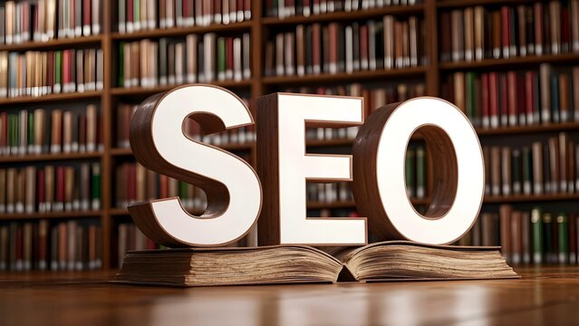 The image features the letters SEO on an open book in a library setting, emphasizing the concept of search engine optimization. Concept SEO in Libraries, Search Engine Optimization - Powered by Adobe