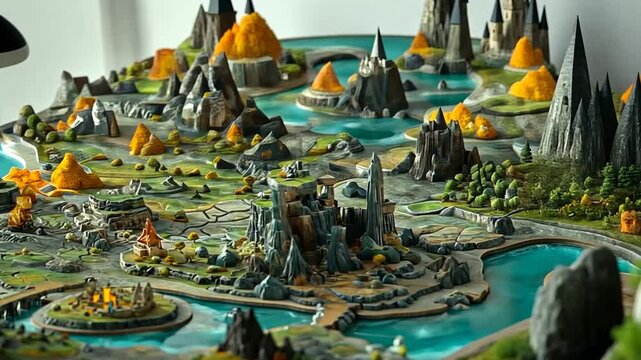 Detailed Fantasy Landscape Miniature Model with Castles and Mountains