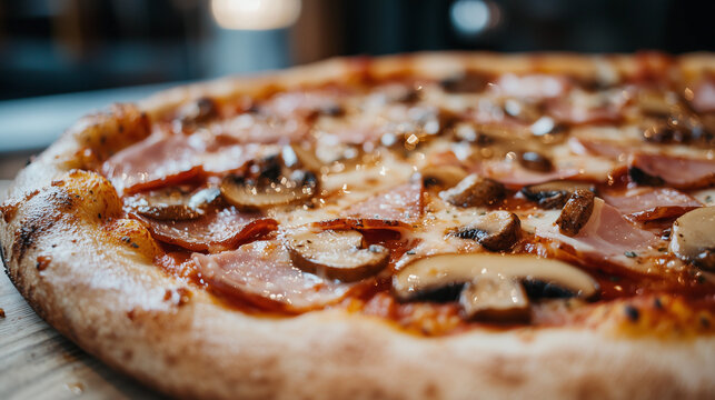 A Reine pizza, tomato sauce base with melted mozzarella, thin slices of ham, saut&eacute;ed mushrooms