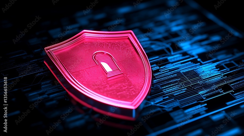 Poster digital shield with lock symbol on circuit board background representing cybersecurity protection an