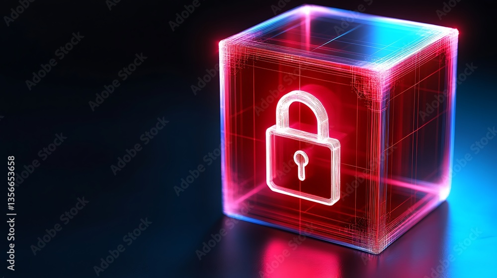 Poster futuristic 3d transparent cube with lock symbol representing security and data protection concept in